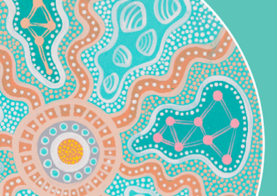 Indigenous art in blue and orange depicting a circle within a circle.