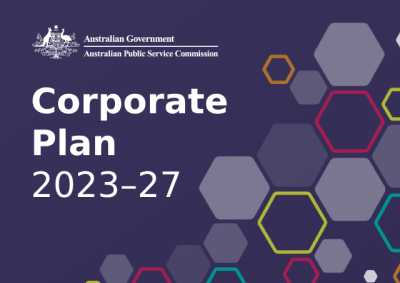 Text that says corporate plan 2023-27 on a purple background