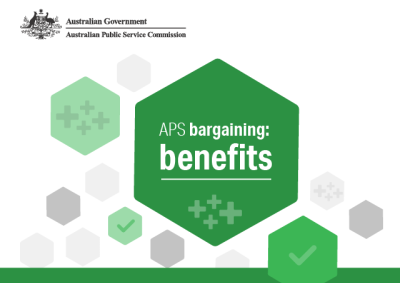 Image shows the Australian Public Service Commission government logo above a series of green and grey hexagons behind text that reads: APS bargaining benefits