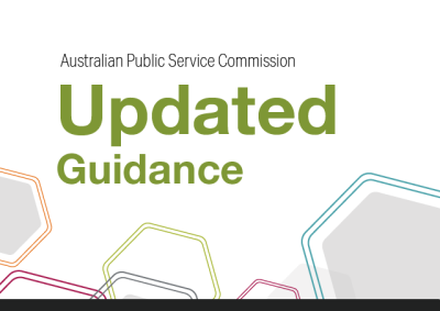 An abstract image containing multiple hexagons with the words "Australian Public Service Commission updated guidance" above it