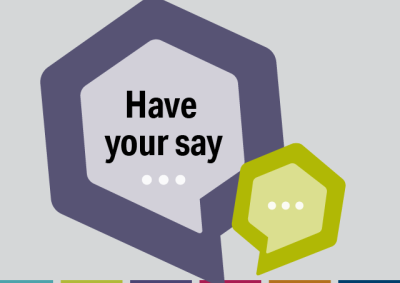 The words Have your say written inside a stylised, hexagonal 'speech bubble'