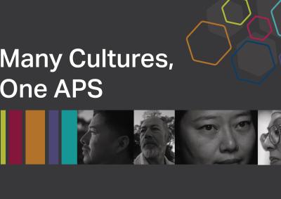 a picture of 4 persons side by side and 5 thin coloured stripes on the left hand side of the faces and the heading “Many Cultures, One APS” above it
