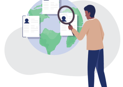 Illustration of a person holding a magnifying glass examining profile cards overlaid on a globe, representing global talent search or recruitment. The globe features green landmasses and blue oceans, while profile cards display generic user icons and text.