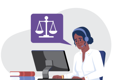 Illustration of a woman wearing a headset, sitting at a desk with a computer and three stacked books, symbolizing legal or justice-related customer support. A purple speech bubble with white scales of justice icon indicates focus on legal advice.