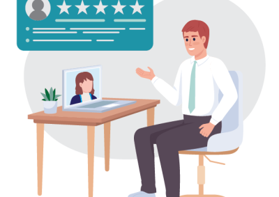 Illustration of a woman wearing a headset, sitting at a desk with a computer and three stacked books, symbolizing legal or justice-related customer support. A purple speech bubble with white scales of justice icon indicates focus on legal advice.