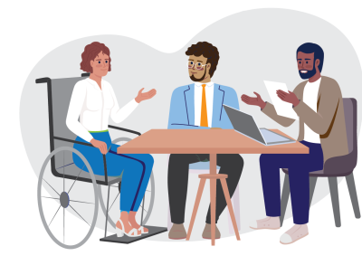 Illustration of a diverse business meeting with three people, including a woman in a wheelchair, discussing work around a table with a laptop and documents. A poster on the wall displays words "Inclusive, Accessible, Empowered, Together," emphasising themes of inclusion and collaboration.