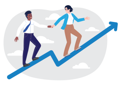 Illustration of two businesspeople climbing a blue upward-trending arrow, symbolising growth and teamwork. One person is helping the other ascend, highlighting collaboration and mutual support in achieving success.
