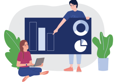 Illustration of a bar chart and two pie charts being presented by a standing person pointing at the bar chart, while a seated person uses a laptop. Chart elements include three vertical bars of varying heights and two circular pie charts, set against a dark blue background with green plants on either side.