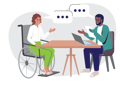 Illustration of a woman in a wheelchair and a man sitting at a table engaged in a conversation, with speech bubbles indicating dialogue. The man has a laptop open on the table, highlighting an inclusive and accessible communication or meeting setting.