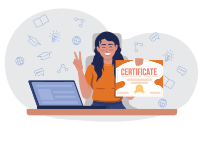 Illustration of a woman sitting at a desk with a laptop, holding a certificate and making a peace sign with her other hand. Background includes icons representing education and communication, emphasising achievement and learning.
