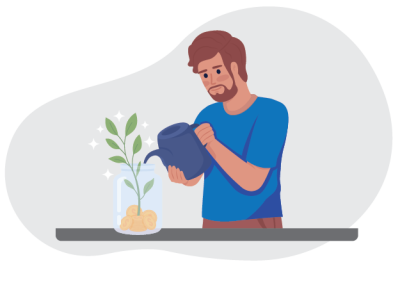 Illustration of a man watering a plant growing from a jar filled with coins, symbolising financial growth or investment. The man wears a blue shirt and uses a blue watering can, with sparkles around the plant emphasising healthy growth.