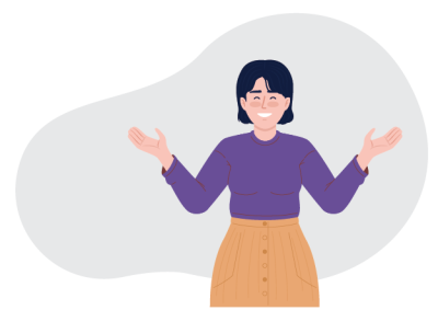 Illustration of a smiling woman with short dark hair wearing a purple long-sleeve top and a beige buttoned skirt, standing with arms open wide. Emphasising a welcoming or presenting gesture
