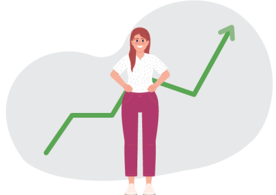 Illustration of a woman standing confidently in front of a green upward-trending arrow graph, symbolising growth or success. The graph features sharp increases and a final arrow pointing up, emphasising positive progress or achievement.
