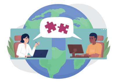 Illustration of two people video conferencing with a globe in the background, symbolizing global remote collaboration. Speech bubbles contain two puzzle pieces, representing problem-solving or teamwork across distances, with each person using a laptop or desktop computer.
