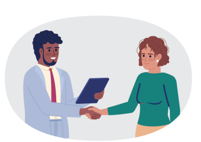 Illustration of a man and woman shaking hands, symbolizing agreement or partnership. Man wears light blue suit with red tie and holds a blue folder, while woman wears green top and beige skirt, set against a light gray oval background.