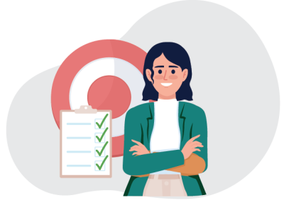 Illustration of a confident woman standing with crossed arms in front of a large target symbol and a clipboard showing a checklist with all items checked. The visual represents goal achievement, successful planning, or task completion using simple colors like green, red, and white.