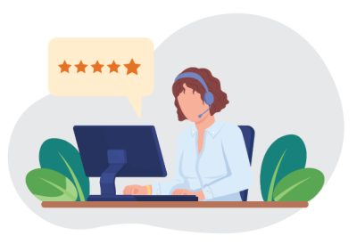 Illustration of a leader or manager wearing a headset and working on a computer, with a speech bubble displaying five orange stars above. The scene includes green plants on both sides of the desk, emphasising positive feedback.