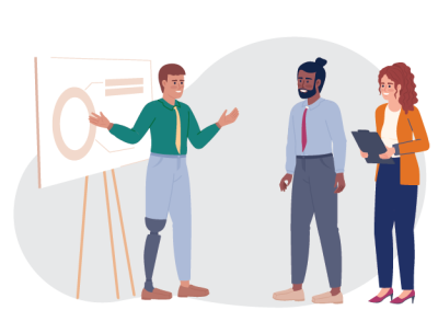 Illustration of a business presentation with three people, one presenting a circular chart on a whiteboard while two others listen attentively. Presenter wears a green shirt and prosthetic leg, while listeners hold a clipboard and wear business casual attire, highlighting inclusivity and teamwork.