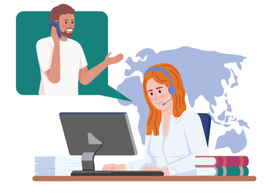 Illustration showing a woman with a headset working at a computer desk with stacked books, engaged in a conversation with a man on a phone, depicted in a speech bubble. A world map in light blue serves as background, emphasising communication and support context.