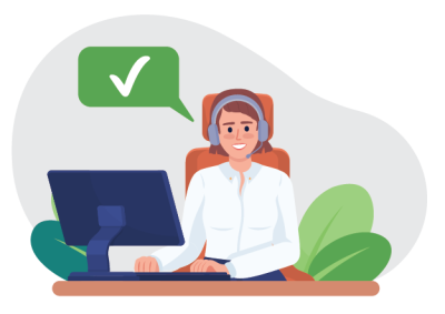 Illustration of a manager wearing a headset, sitting at a desk with a computer monitor. A green speech bubble with a white checkmark indicates successful communication or task completion.