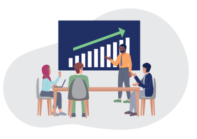 Illustration of a business meeting with four people around a table, where one person is presenting a bar chart showing upward growth with white bars and a green arrow on a dark blue background. The scene highlights teamwork and data analysis, emphasising positive performance trends and collaborative discussion.