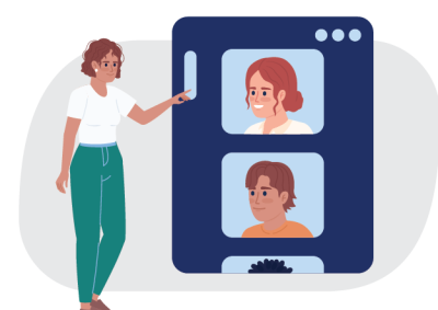 Illustration of a woman interacting with a large phone interface displaying two profiles in separate blue-framed windows with the woman pointing at the screen, emphasising engagement with inclusive teams.