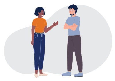 Illustration of two people engaged in conversation, featuring a woman in an orange shirt and blue jeans gesturing with her hand, and a man in a light blue shirt and dark pants standing with arms crossed. The scene uses simple colors and shapes with a light gray abstract background shape.