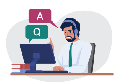 Illustration of a man wearing a headset and sitting at a desk with a computer, engaging in a question and answer session. Speech bubbles with "Q" and "A" above the monitor highlight interactive communication, supported by books stacked on the desk.
