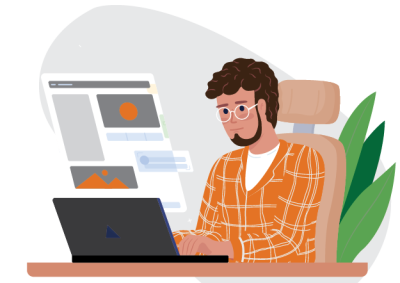 Illustration of a man with glasses and curly hair working on a laptop at a desk, wearing an orange plaid shirt. A semi-transparent screen with website, indicating focus on searching a webpage.