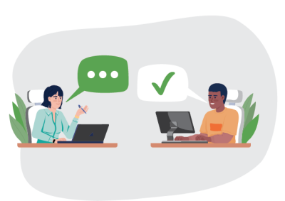 Illustration showing two people communicating remotely, each seated at desks with computers. One person has a speech bubble with three dots indicating typing, while the other has a speech bubble with a green checkmark, symbolising confirmation or agreement.