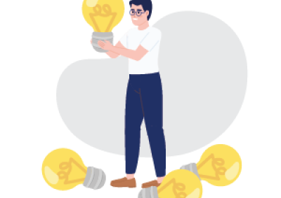 Illustration of a person holding a large glowing light bulb surrounded by three unlit bulbs on the ground, symbolizing idea generation or innovation. The person wears glasses, a white shirt, blue pants, and brown shoes, with a simple abstract background in gray.