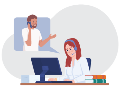 Illustration of a woman wearing a headset sitting at a desk with a computer and stacks of books, engaging in a conversation. A speech bubble shows a man talking on a phone, indicating a customer service or remote communication scenario.