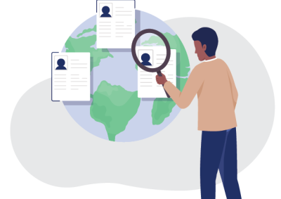 Illustration of a person holding a magnifying glass examining profile cards overlaid on a globe, representing global talent search or recruitment. The globe features green landmasses and blue oceans, while profile cards display generic user icons and text.