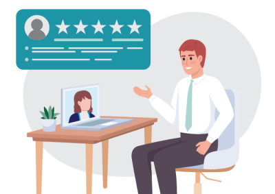 iew card displays five white stars, a user avatar, and testimonial lines.