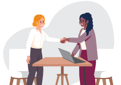 Illustration of two women shaking hands across a table with a laptop, representing a professional or business agreement. One woman has blonde hair and wears a white blouse with dark pants, while the other has dark hair and wears a purple blazer with matching pants.