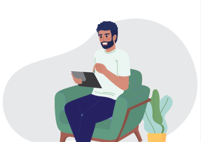 Illustration shows a bearded man seated in a green armchair, using a tablet beside a potted plant. Minimalist design uses muted green, gray, navy, and yellow shapes to depict relaxed digital reading or work.
