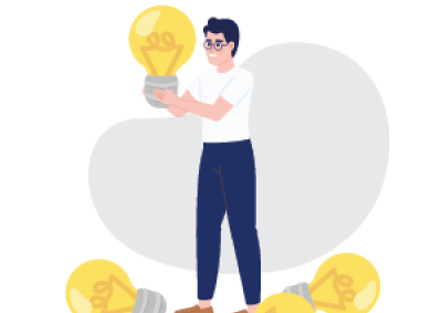 Illustration of a person holding a large glowing light bulb surrounded by three unlit bulbs on the ground, symbolizing idea generation or innovation. The person wears glasses, a white shirt, blue pants, and brown shoes, with a simple abstract background in gray.