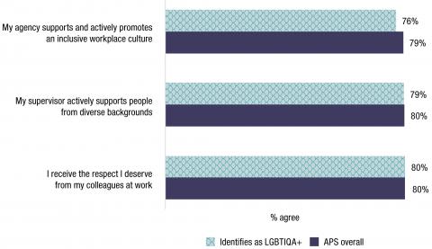 76% of LGBTIQA+ and 79% of APS overall employees agreed that their agency supports and actively promotes an inclusive workplace culture. 79% of LGBTIQA+ and 80% of the APS overall agreed that their supervisor actively supports people from diverse backgrounds. 80% of LGBTIQA+ and APS overall employees agreed that they receive the respect they deserve from their colleagues at work.