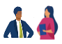Two humans stand facing each other as if in conversation. On the left is a person in a business suit. On the right is a person holding a blue folder in a fuchsia garment 
