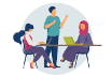 An illustration of two people seated at a table while a third stands. They appear to be in a meeting.