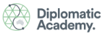 The logo for the Diplomatic Academy it features a geometric round logo on the left side with the words Diplomatic Academy written in grey on the right side