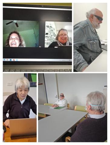 Canberra Blind Society Mentoring in Action. Top left side Mentor Roslyn Sackley and Project Officer Claire Manning on Zoom call. Top Right side Mentor Peter Granleese on Mentor telephone call. Bottom Left Side Lindy Hou giving a Mentor Presentation. Bottom Right Side Robert Altamore conducting in person Mentoring session.
