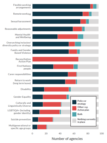A bar chart that shows the number of agencies that have a policy, other (such as an action plan) or both in place for a list of topics that have an impact on diversity groups.