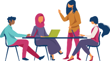 A group of humans around a table. 3 of them are sitting while one stands with their arm raised as if they are giving a presentation. One of the seated humans is wearing a head covering similar in style to an Islamic Shayla