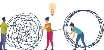 An illustration of three people. Two of them looking at a jumbled ball of string or wire, one with a lightbulb over their head. The third human is taking the tangled wire and forming it into a tidy loop