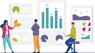An illustration of three humans standing and sitting, looking at graphs and charts on a wall