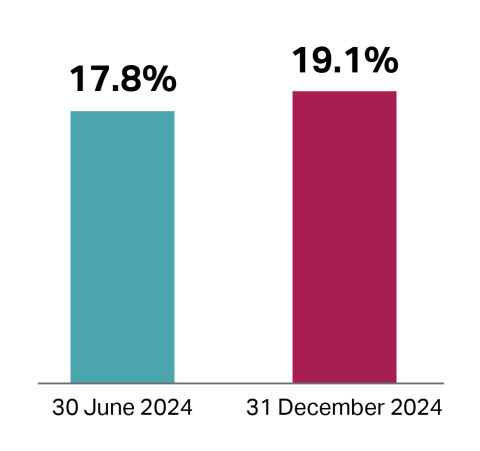 This bar chart shows 17.1% APSC CALD Representation as at 30 June 2024 and 19.1 % APSC CALD Representation as at 31 December 2024.