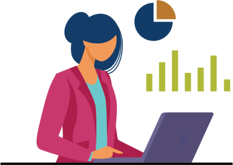Illustration of a woman in a pink blazer working on a laptop with data visualizations, including a blue and orange pie chart and a green bar chart, floating nearby. The scene represents data analysis or business analytics, highlighting interaction with digital information and graphical data representation.