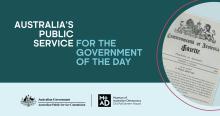A banner advertising the APS exhibition "Australia's Public Service for the Government of the day".
