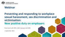 Webinar tile for Preventing and responding to workplace sexual harassment, sex discrimination and victimization: New positive duty on employers